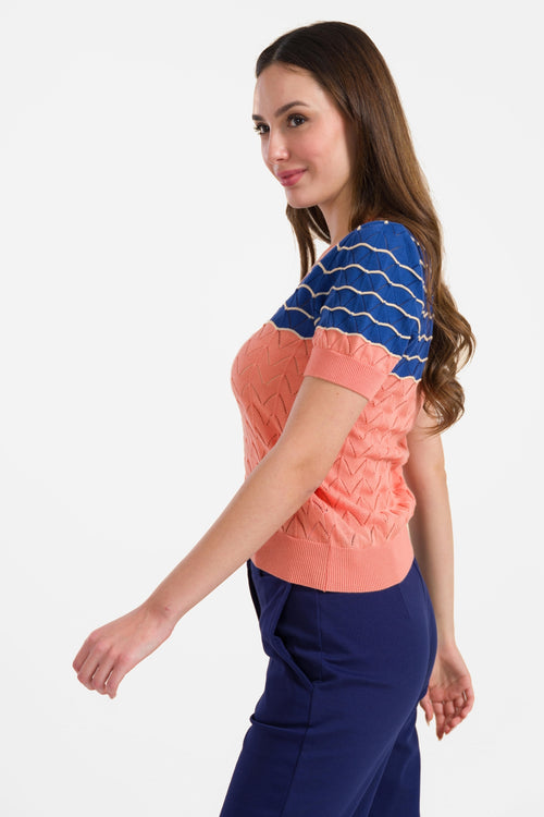 Knitted sweater V-neck short sleeve | Salmon