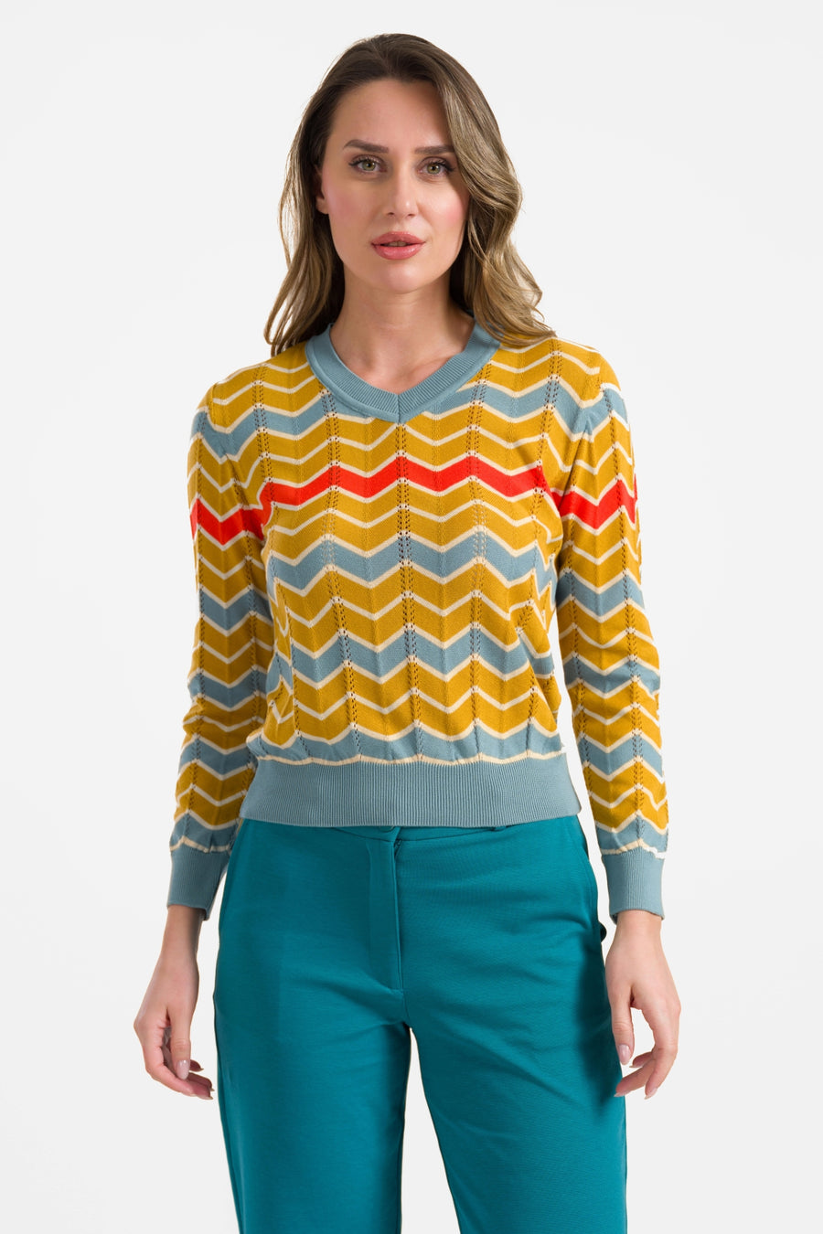 Knitted sweater V-neck long sleeve | Mustard
