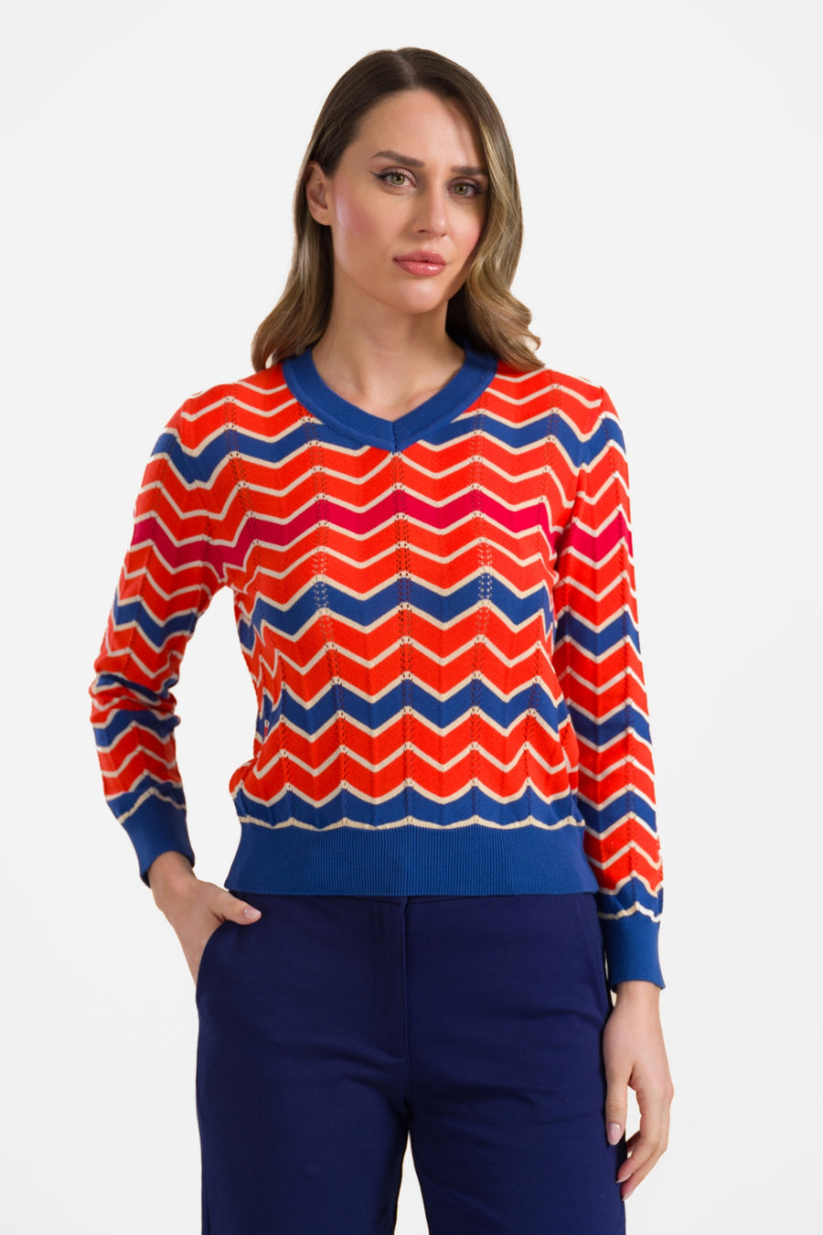 Knitted sweater V-neck long sleeve | Coral