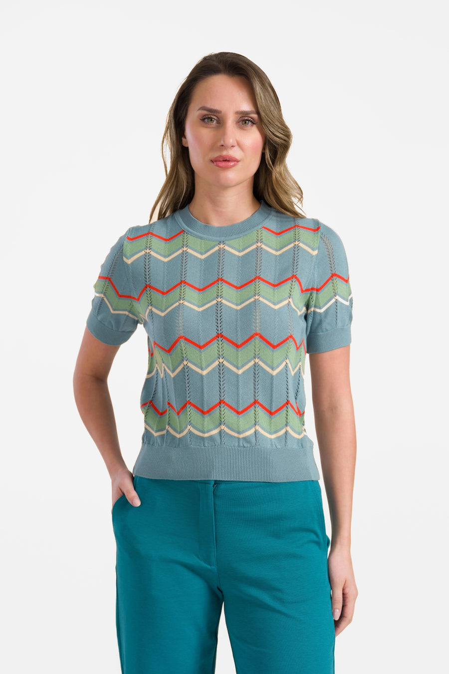 Knitted sweater round neck short sleeve | Teal