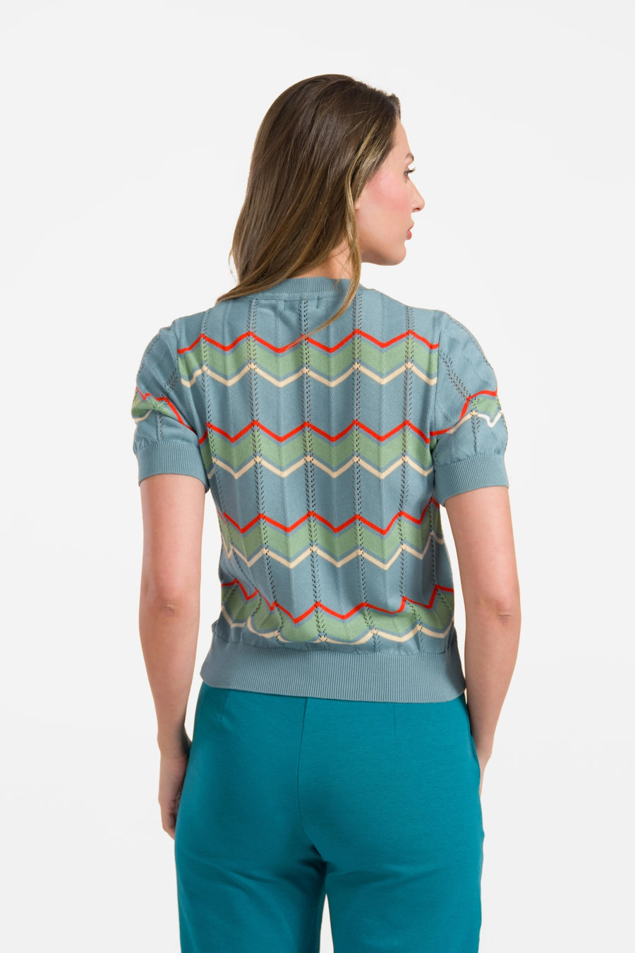 Knitted sweater round neck short sleeve | Teal