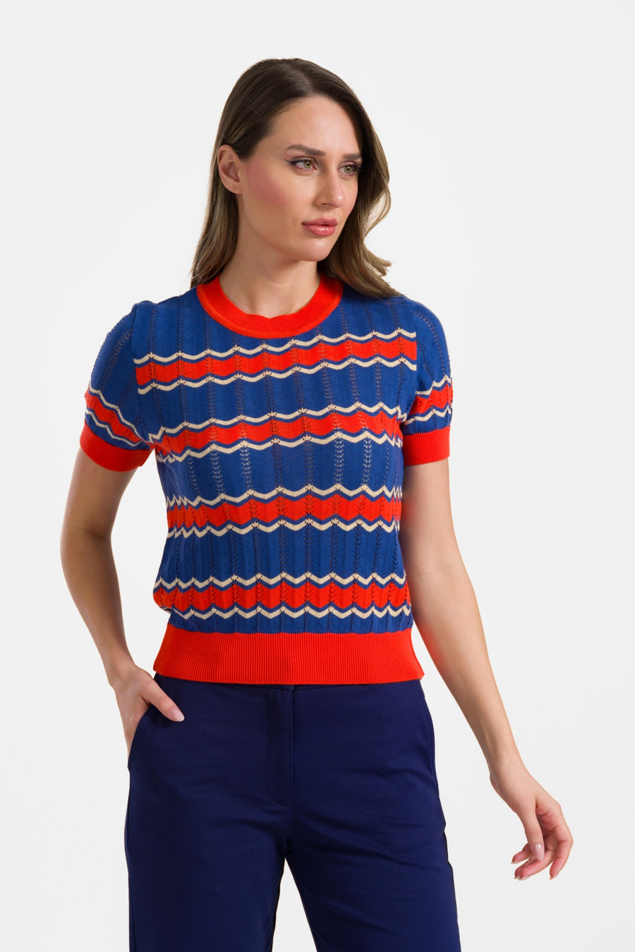 Knitted sweater round neck short sleeve | Indigo