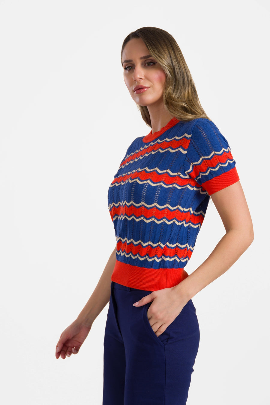 Knitted sweater round neck short sleeve | Indigo