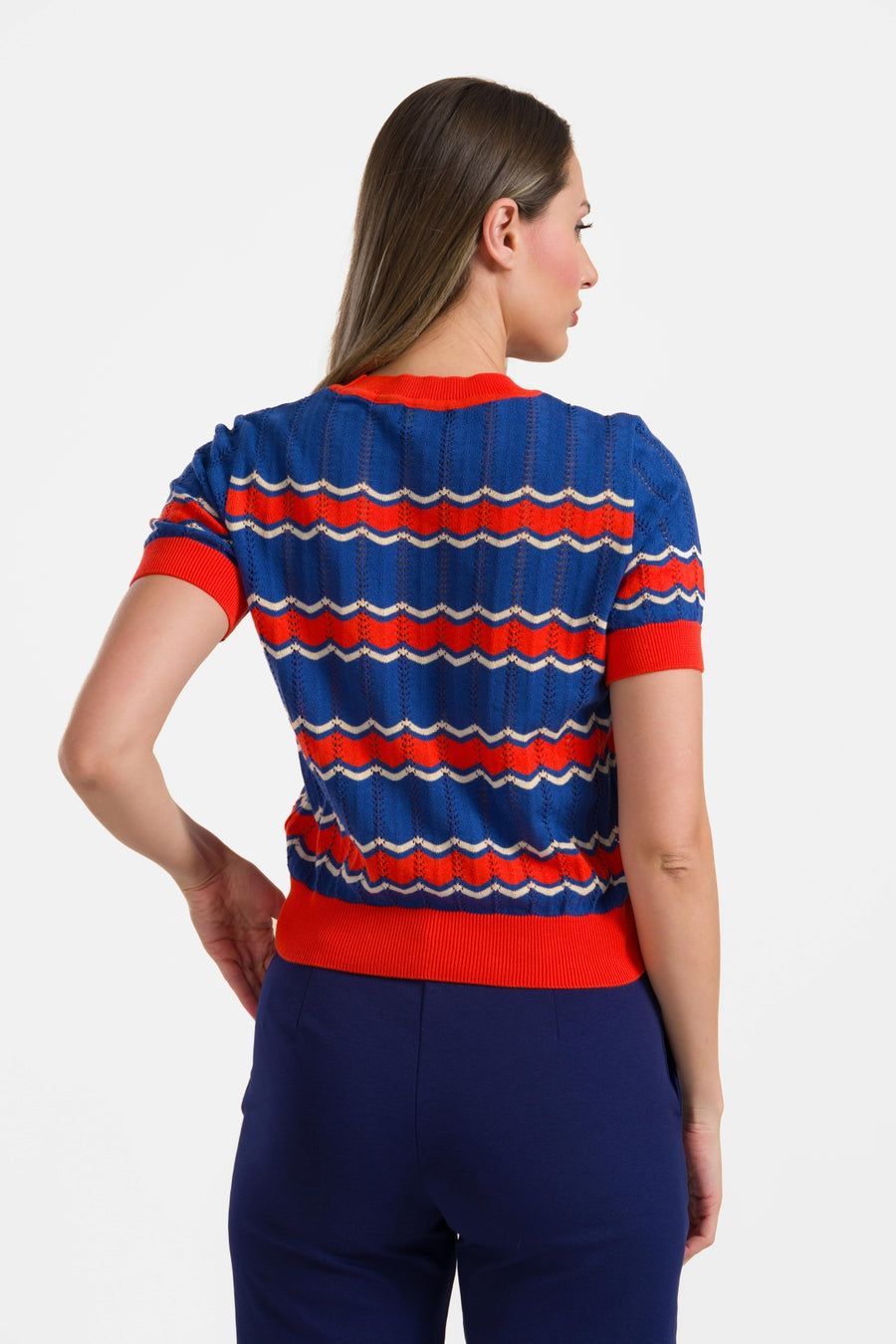 Knitted sweater round neck short sleeve | Indigo