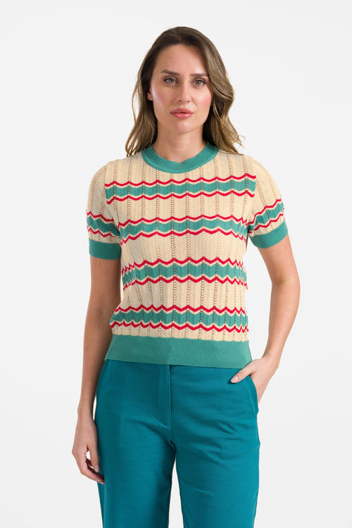 Knitted sweater round neck short sleeve | Cream