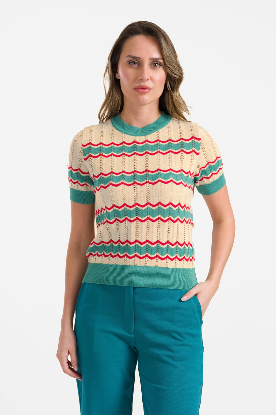 Knitted sweater round neck short sleeve | Cream