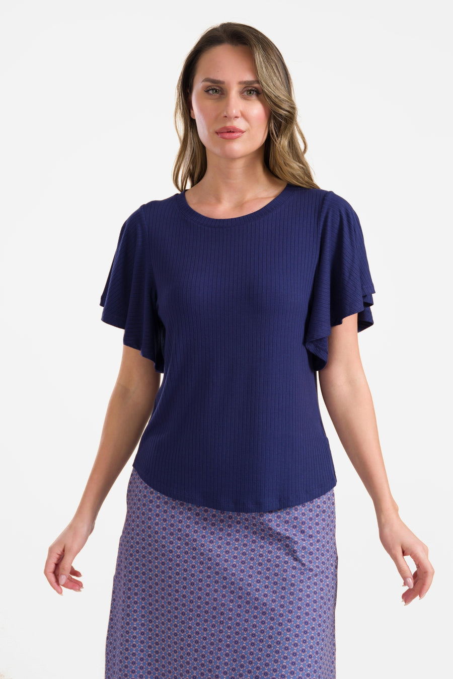 Sophie top short butterfly sleeve | Rib Navy