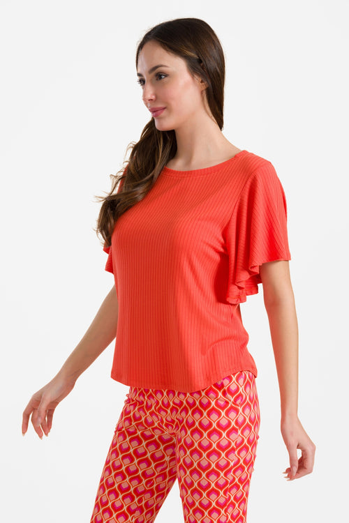 Sophie top short butterfly sleeve | Rib Orange Red