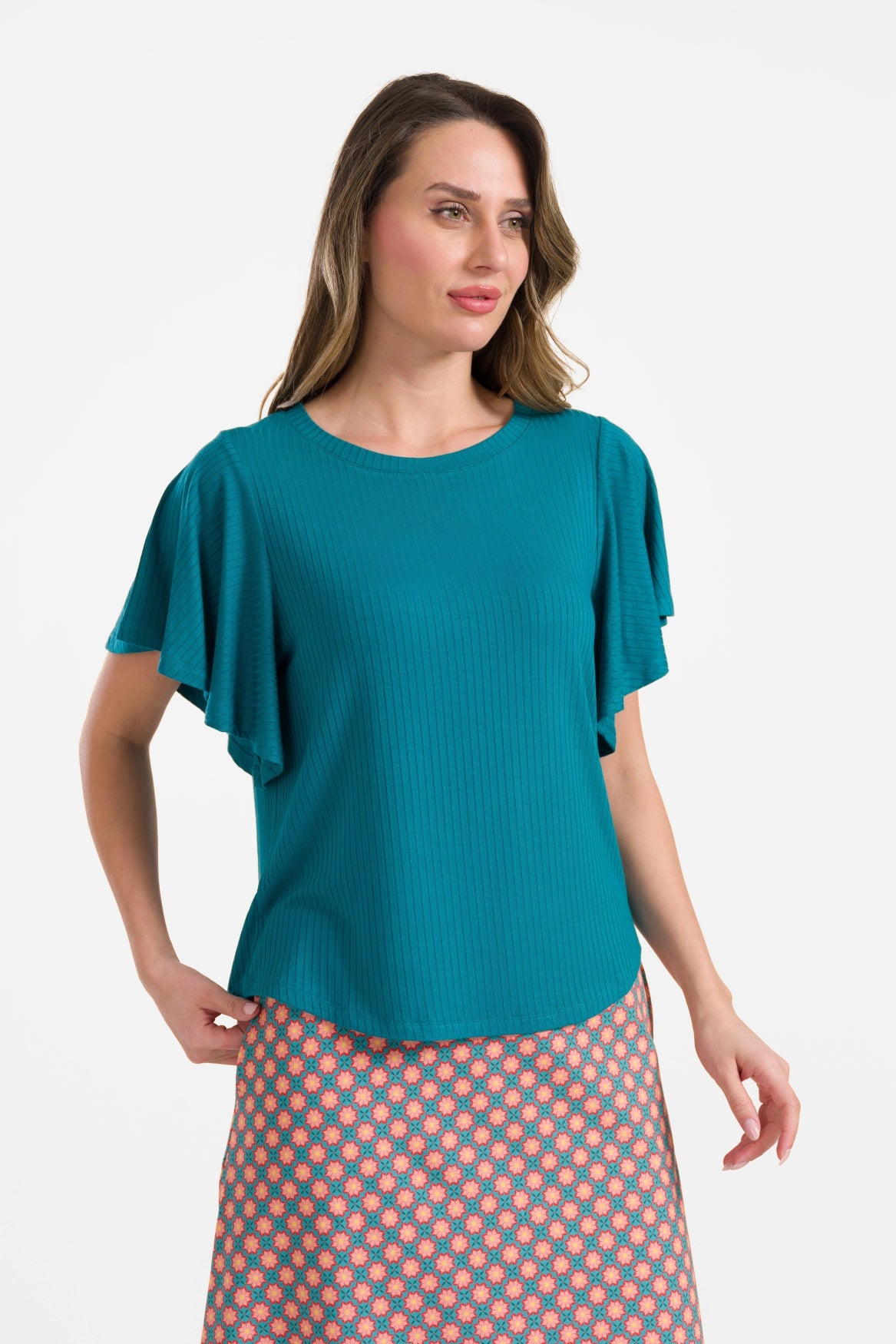 Sophie top short butterfly sleeve | Rib Petrol Blue