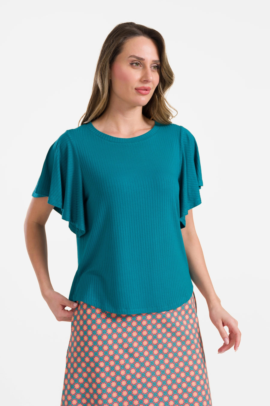 Sophie top short butterfly sleeve | Rib Petrol Blue
