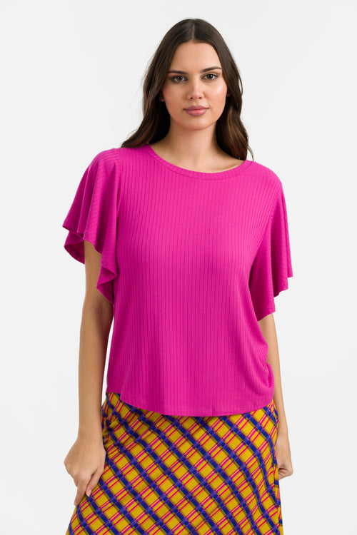 Sophie Top Short Butterfly Sleeve | Rib Fuchsia