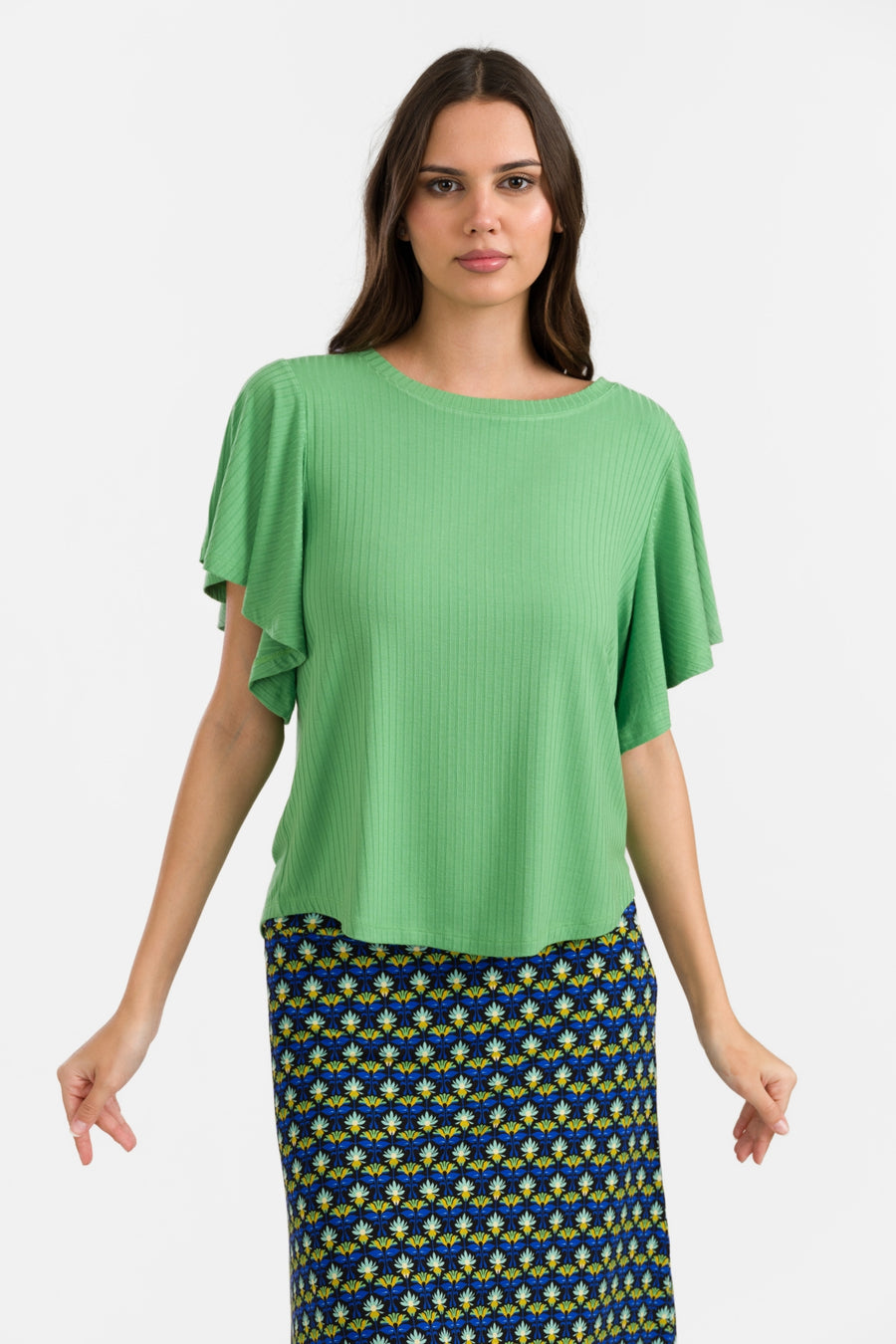 Sophie Top Short Butterfly Sleeve | Rib Green