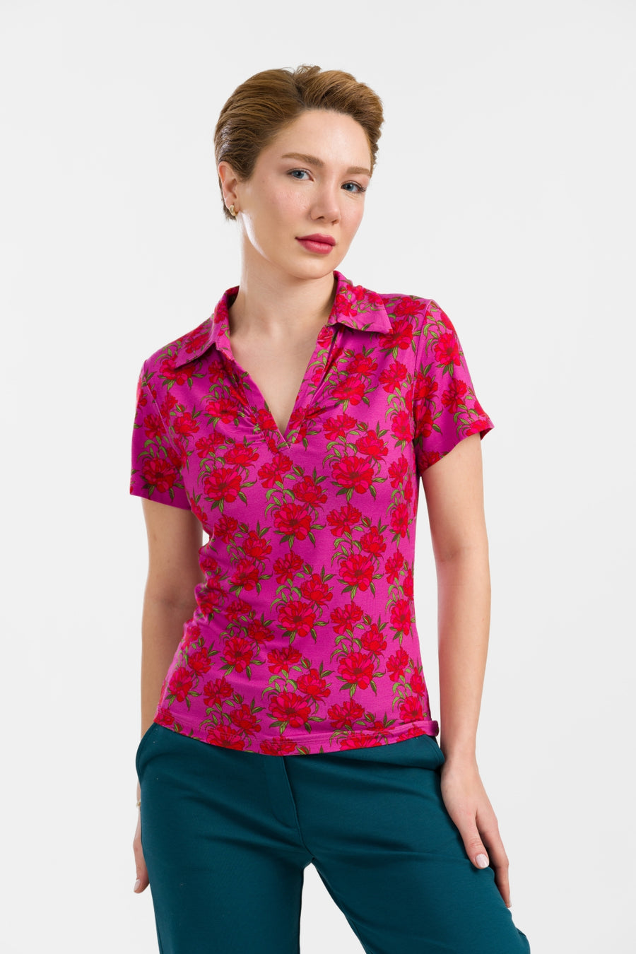 Suzy Top Short Sleeve | Fuchsia Flowers