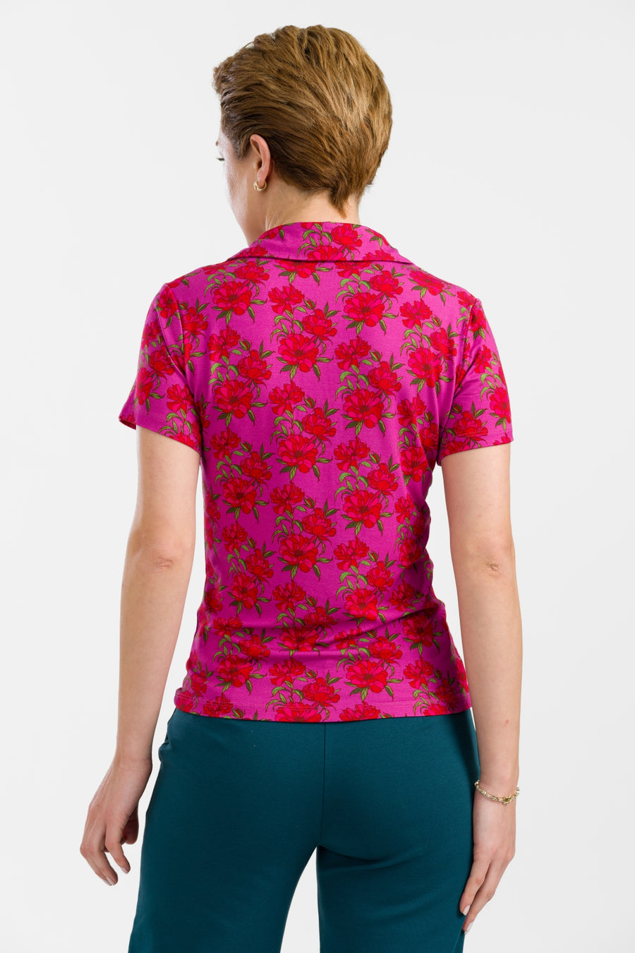 Suzy Top Short Sleeve | Fuchsia Flowers