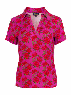 Suzy Top Short Sleeve | Fuchsia Flowers