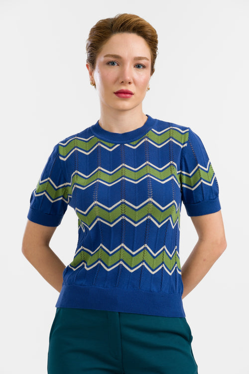 Knitwear Sweater Round Neck Short Sleeve | Zigzag Blue