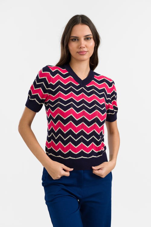 Knitwear Sweater V-Neck Short Sleeve | Zigzag Navy