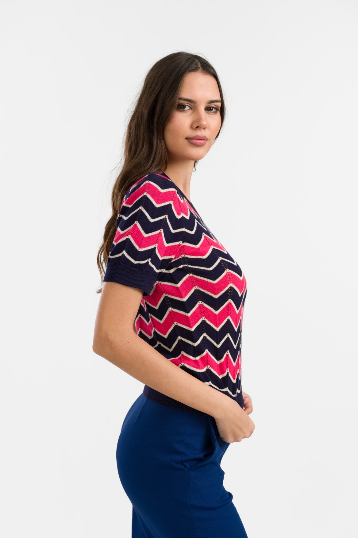 Knitwear Sweater V-Neck Short Sleeve | Zigzag Navy