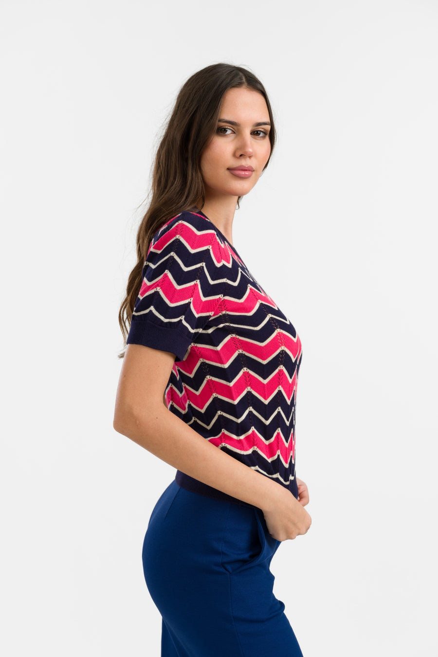 Knitwear Sweater V-Neck Short Sleeve | Zigzag Navy