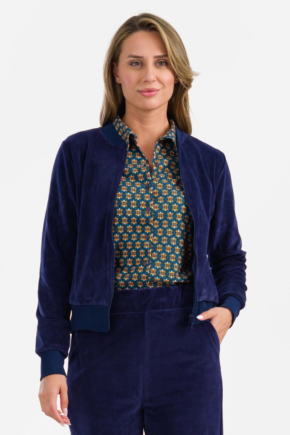 Nora Bomber Jacket | Velour Plain Blue