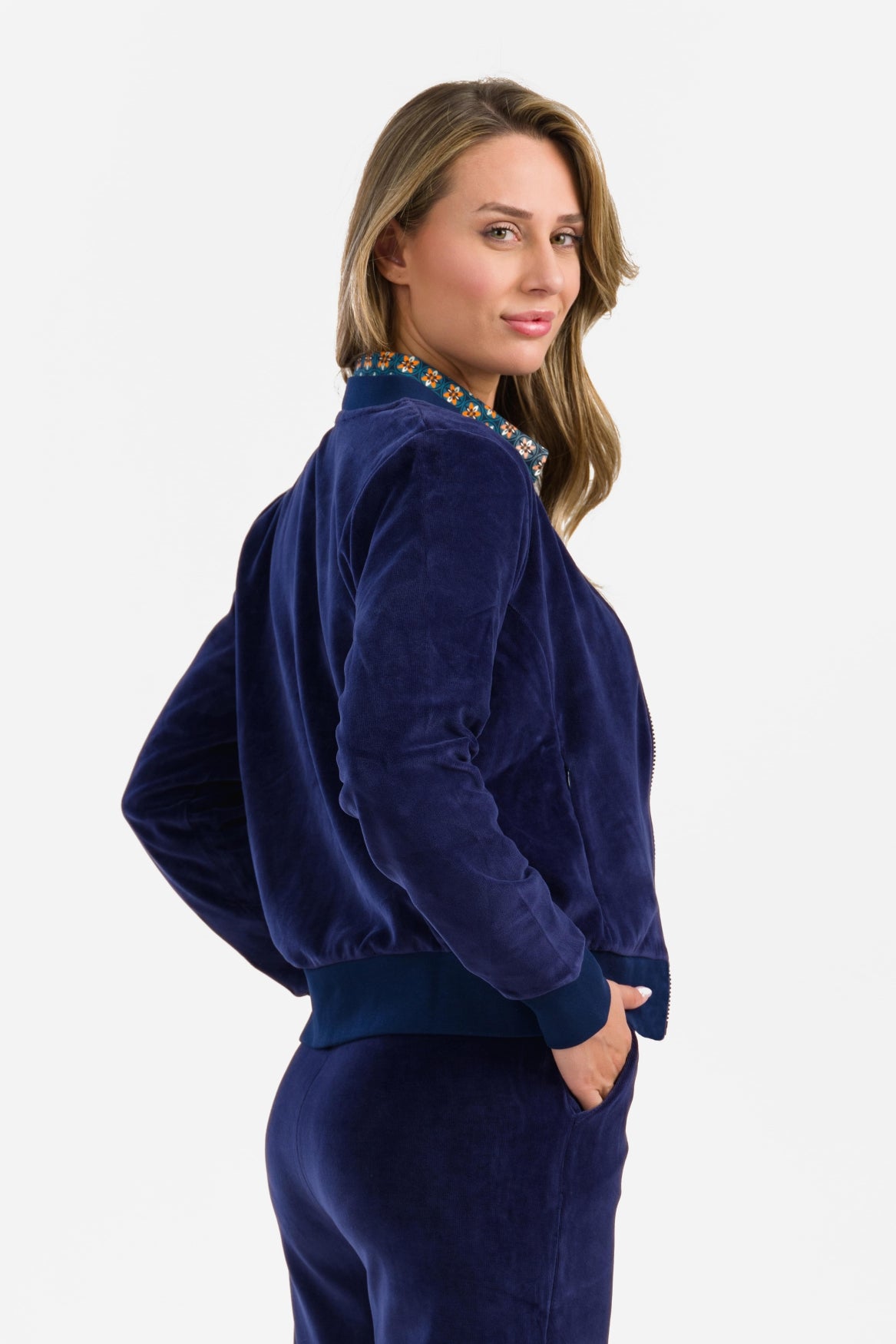Nora Bomber Jacket | Velour Plain Blue