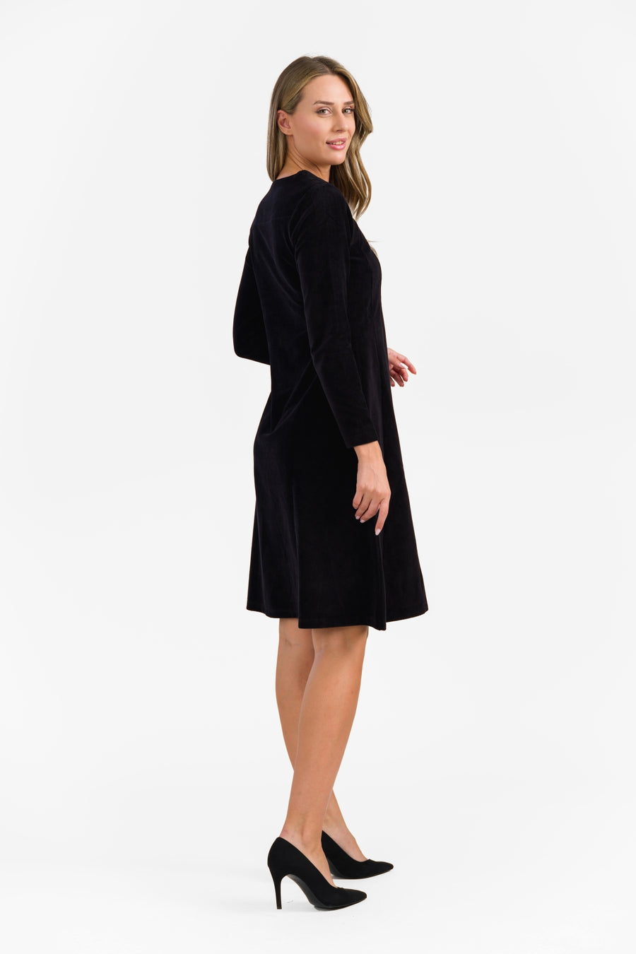 Sandra Dress | Rib Velour Plain Black