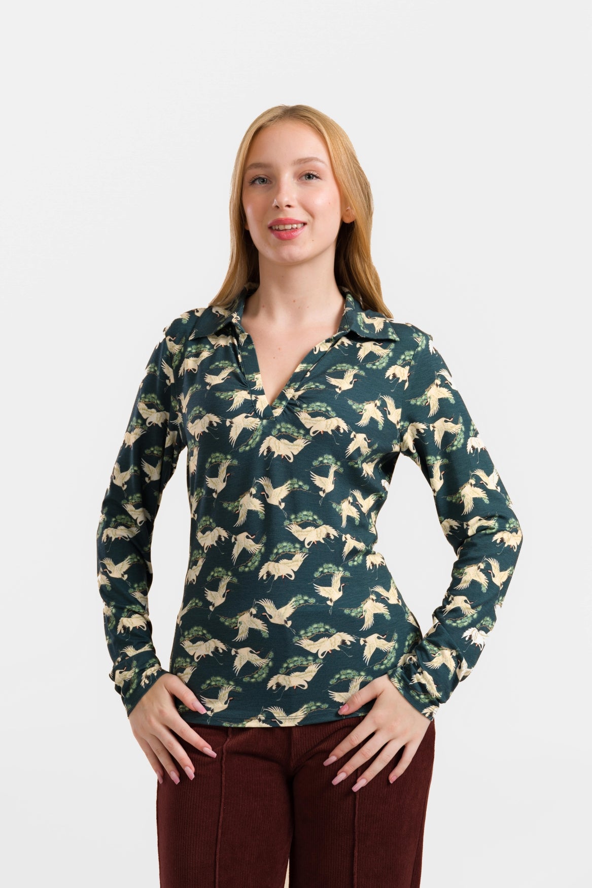 Suzy Top Long Sleeve | Crane Dance Petrol